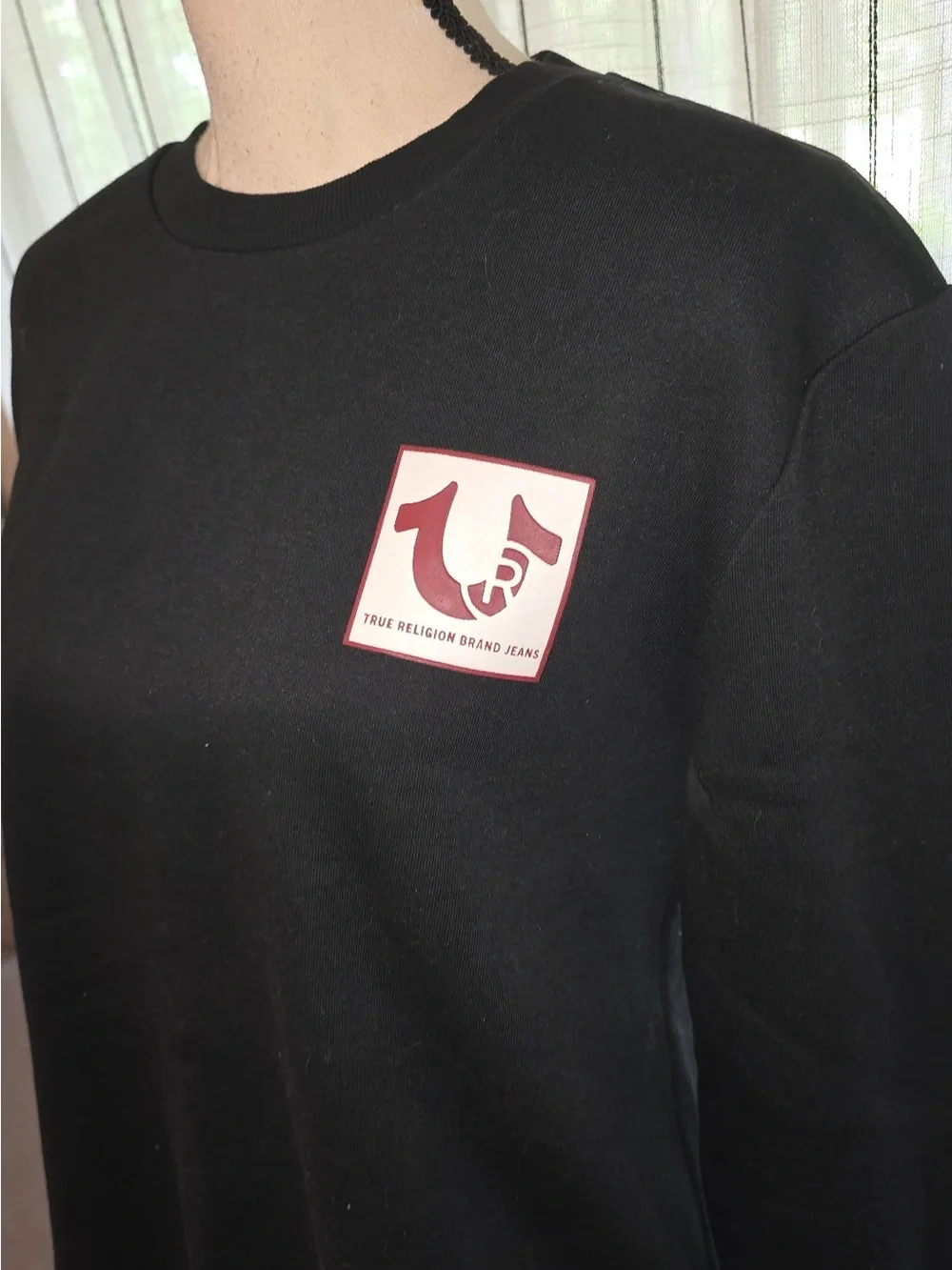 True Religion Black Crewneck Sweatshirt with Burgundy Logo Patch